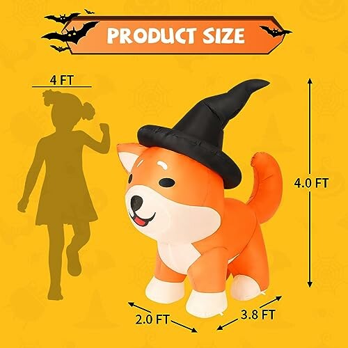 Image showing the size of a Halloween inflatable dog with a witch hat, next to a silhouette of a child for scale.