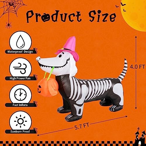 Halloween inflatable dog skeleton with witch hat and pumpkin, 5.7 ft long.