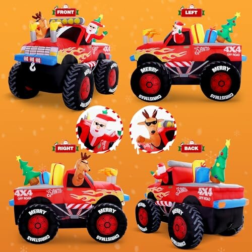 Inflatable Christmas off-road vehicle with Santa and reindeer.
