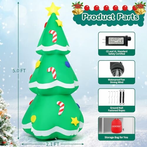 Inflatable Christmas tree with product parts listed.