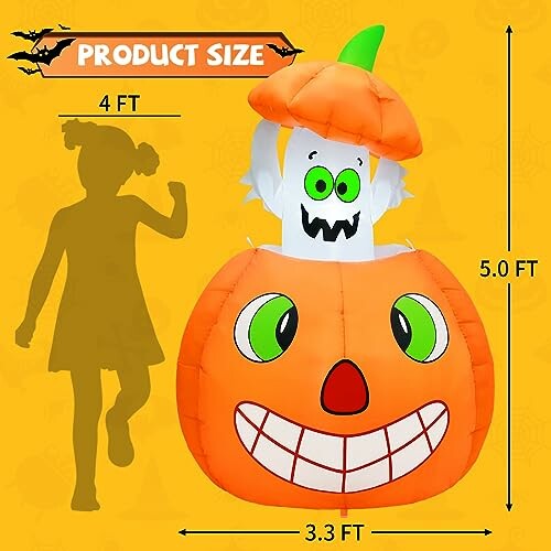 Inflatable Halloween pumpkin with ghost popping out, 5 feet tall.