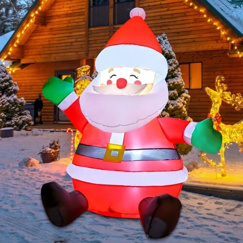 Inflatable Santa Claus decoration in snowy yard.