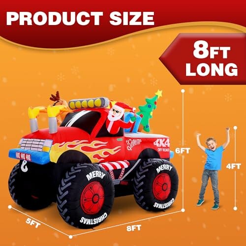 Inflatable Santa monster truck with child for size reference.