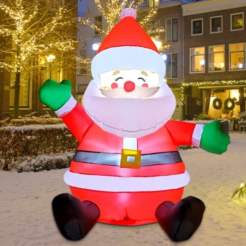 Inflatable Santa Claus decoration in snowy outdoor setting.