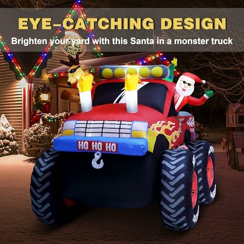 Inflatable Santa in a monster truck yard decoration with lights.