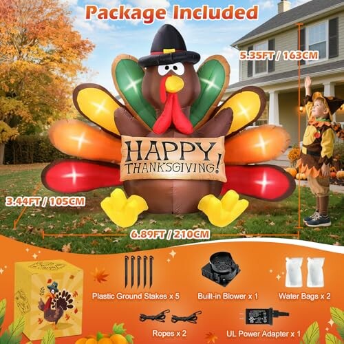 Inflatable turkey decoration with dimensions and package contents for Thanksgiving.