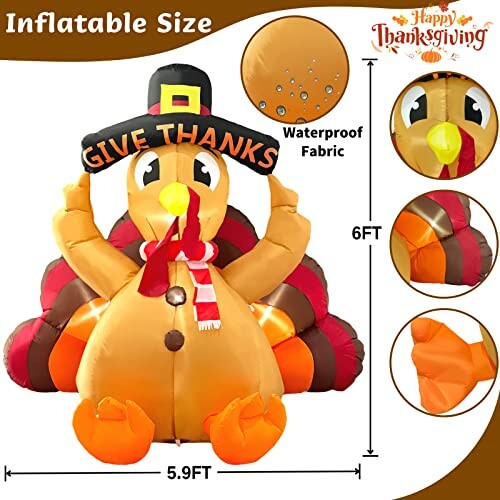 Thanksgiving inflatable turkey decoration with 'Give Thanks' sign, 6 feet tall.