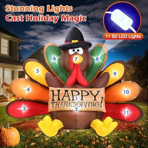 Inflatable turkey with colorful feathers and Happy Thanksgiving sign in front of a house.