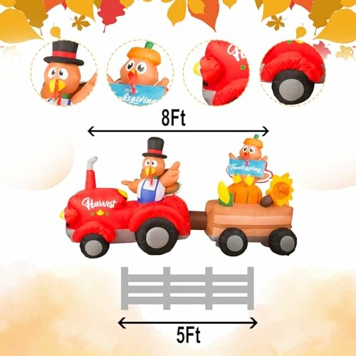 Thanksgiving inflatable turkey train decoration with dimensions.